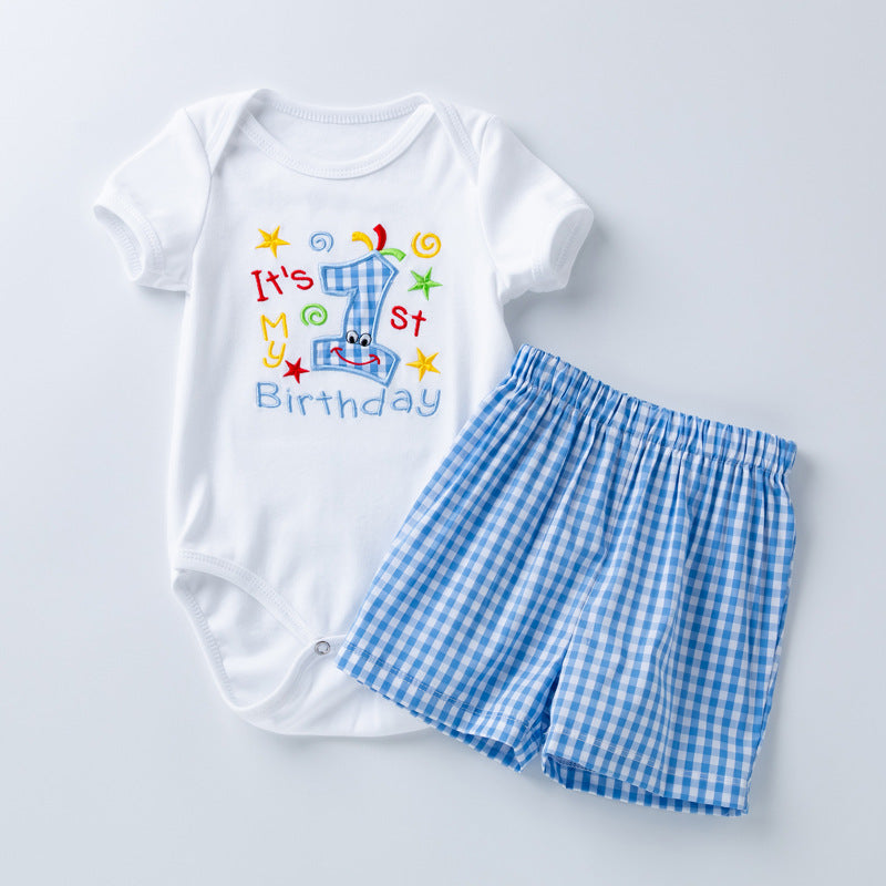 Cartoon Embroidered Short Sleeve Plaid Shorts 2-Piece Set for 22-24 Inches Dolls