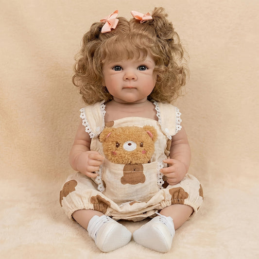 Bambola reborn Bettie alta 18 pollici con capelli biondi e occhi azzurri vestita da orsetto