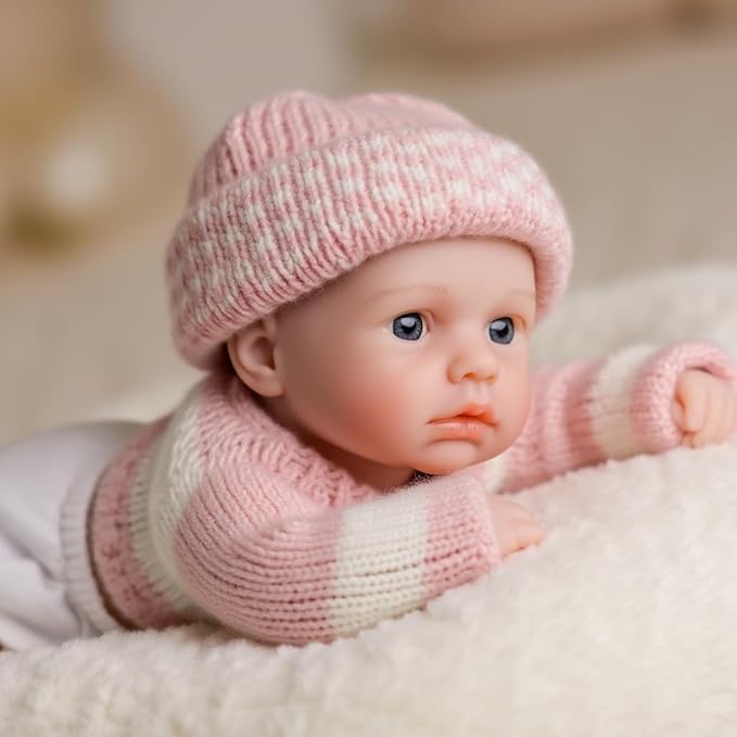 Loulou Bambina rinata in silicone da 20 cm con occhi aperti e maglione rosa