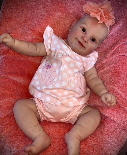 Bambola Reborn da 60 cm con corpo morbido e occhi aperti vestiti a pois rosa-Maddie