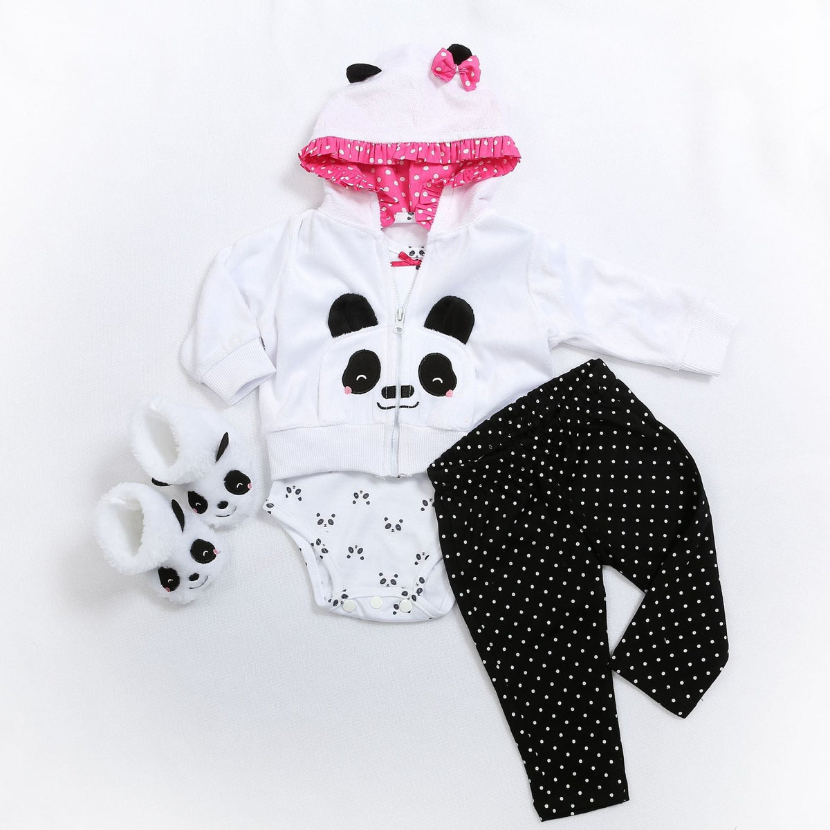 Set di stoffa per bambole in 4 pezzi Panda Polk Dot per bambole da 18 -24 pollici