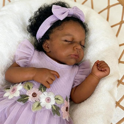 Bambole reborn Loulou afroamericane realistiche da 20 pollici con occhi chiusi e vestito viola