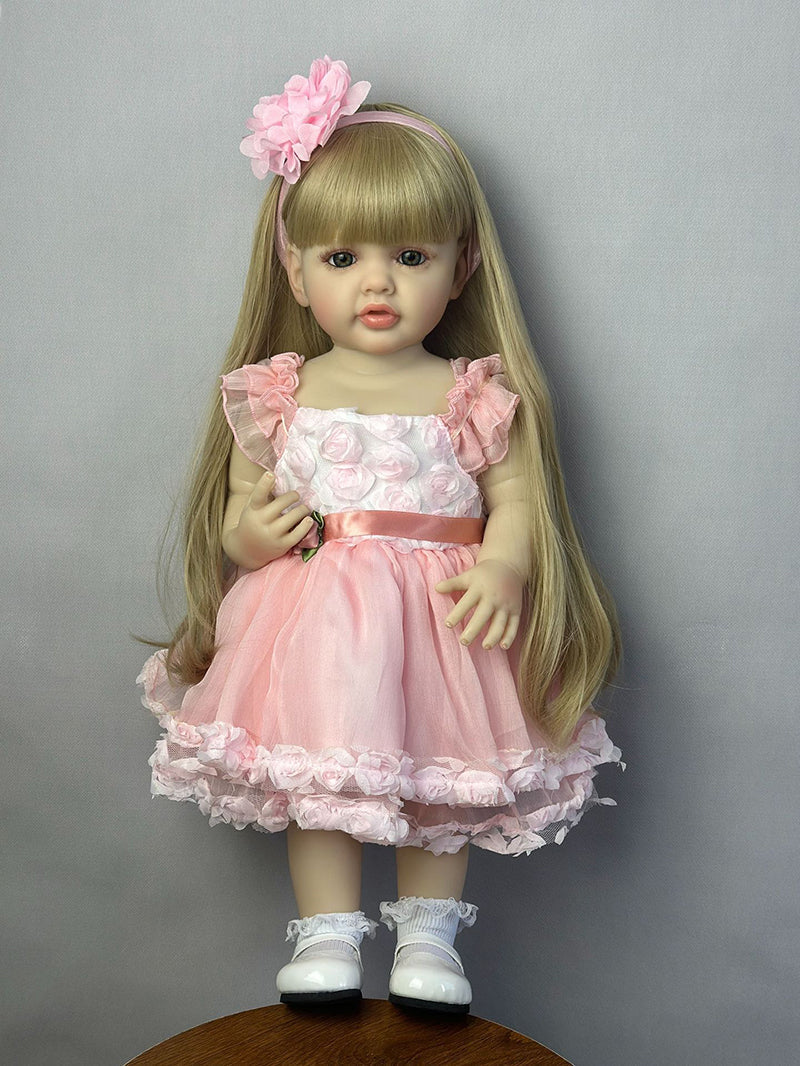 Bambola Reborn Bambina Capelli Biondi Lunghi 22 Pollici In Abito Rosa-Betty