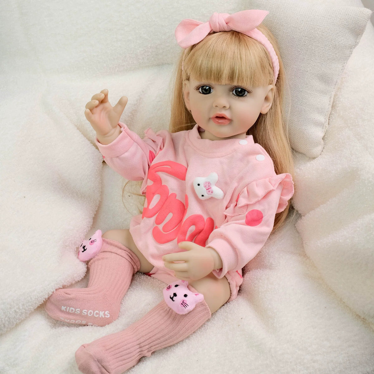 22 Inches Open Eyes Long Blonde Hair Reborn Girl in Pink Bodysuit-Betty