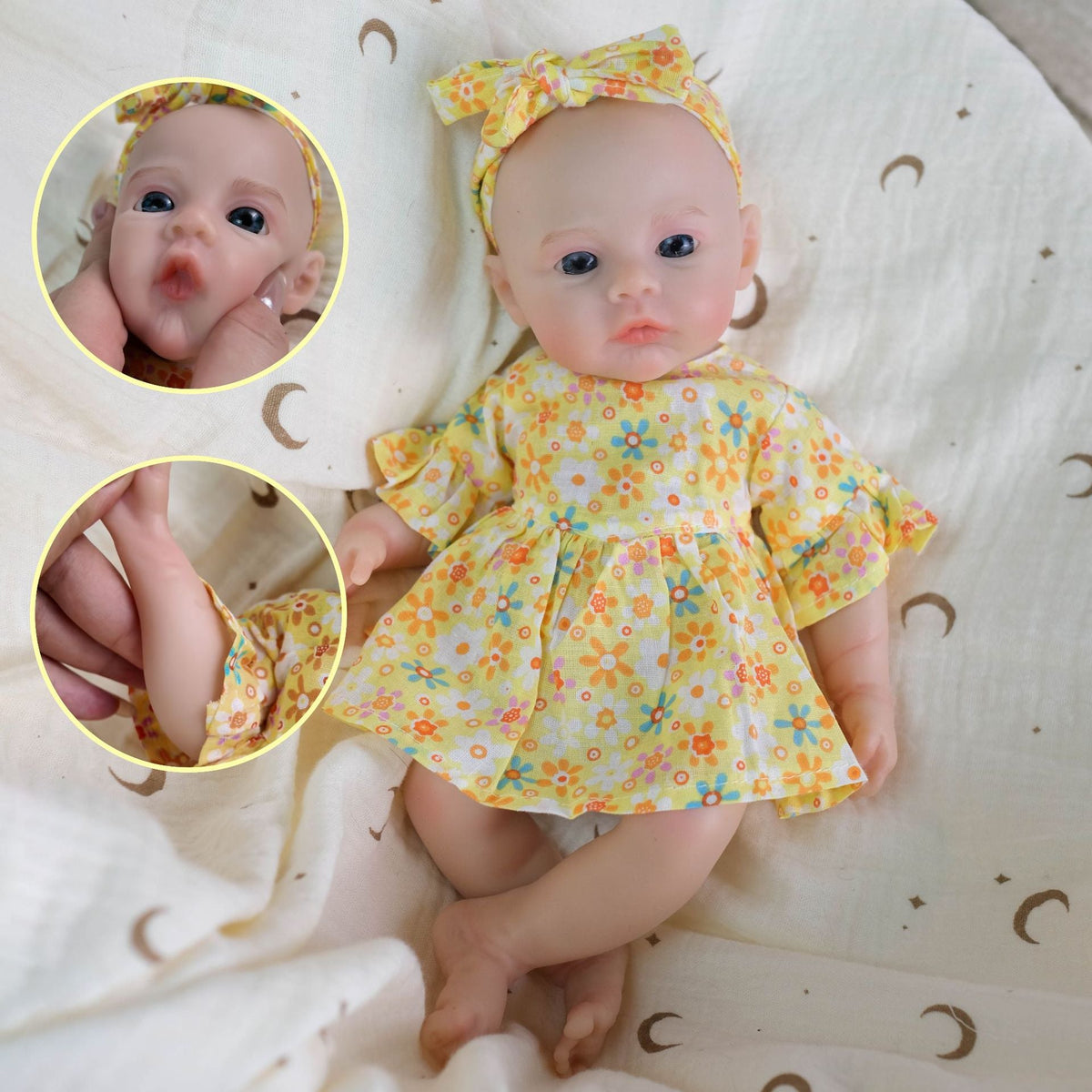 Neonata rinata in morbido silicone da 30 cm con abito a fiori gialli