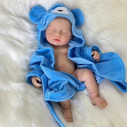 Bambola reborn Loulou addormentata in silicone realistico da 30 cm in accappatoio blu
