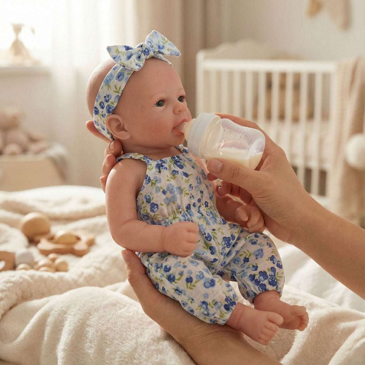 30cm Full Silicone Felicia Reborn Baby Girl in Blue floral Jumpsuit