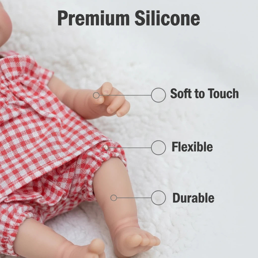 Bambola Reborn in Silicone Pascale da 30 cm con Bocca Apribile Bambina con Abiti a Quadri Rossi