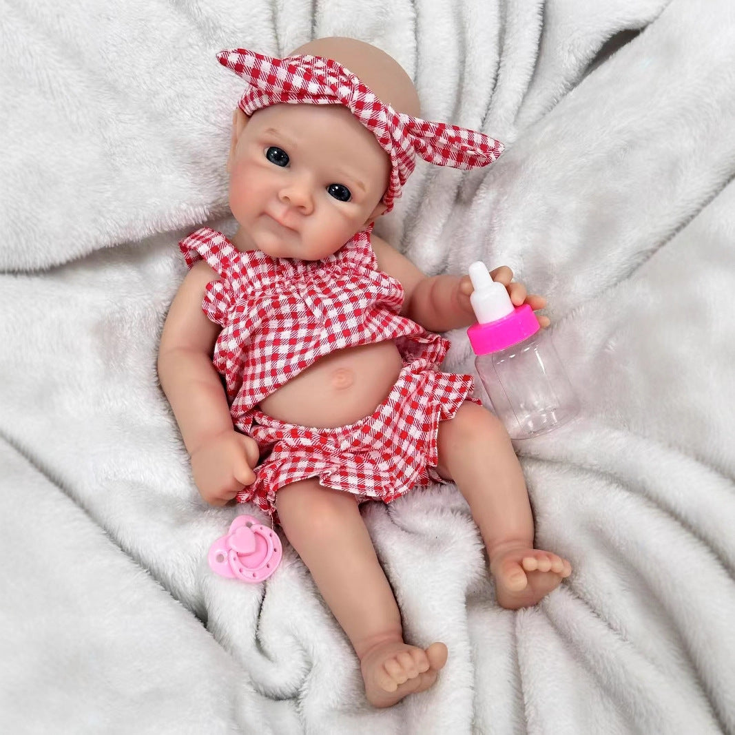 30cm Soft Full Silicone Blue Eyes Reborn Doll Girl In Red plaid clothes- Bettie
