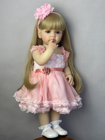 Bambola Reborn Bambina Capelli Biondi Lunghi 22 Pollici In Abito Rosa-Betty
