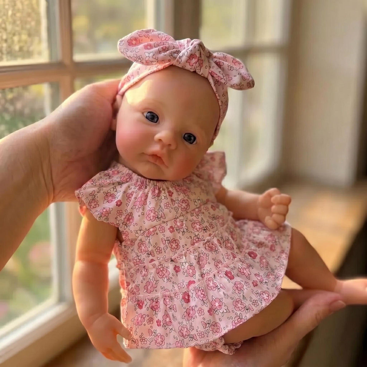 Bambola reborn realistica in silicone da 18 pollici con vestito floreale raffigurante una bambina di nome Meadow