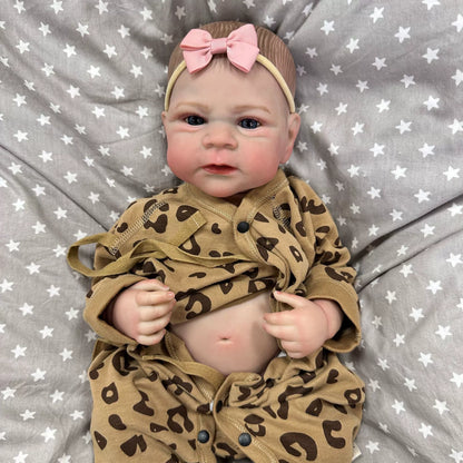 Bambina reborn da 50 cm con occhi aperti in abiti leopardati - Elijah