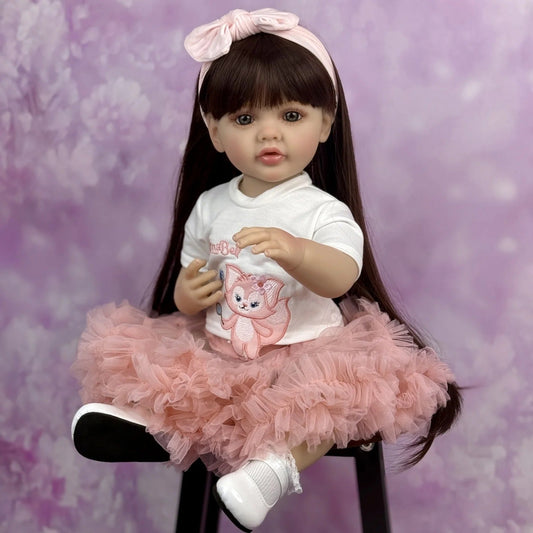 Bambina Reborn con Capelli Lunghi da 55 cm in Abito Rosa - Betty