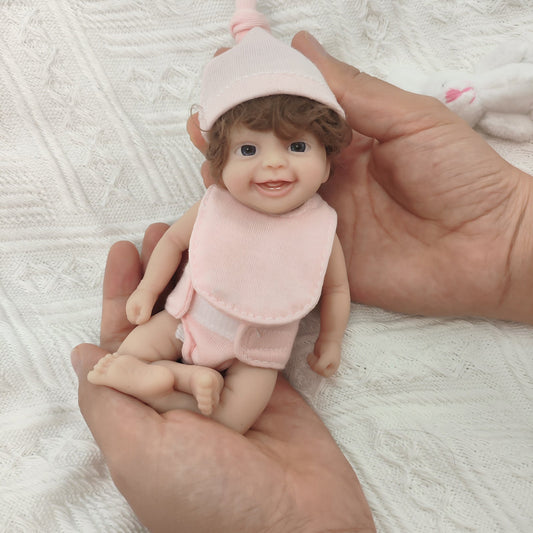 Bambola Reborn Mini Full Silicone con Occhi Aperti da 15 cm in Abiti Rosa