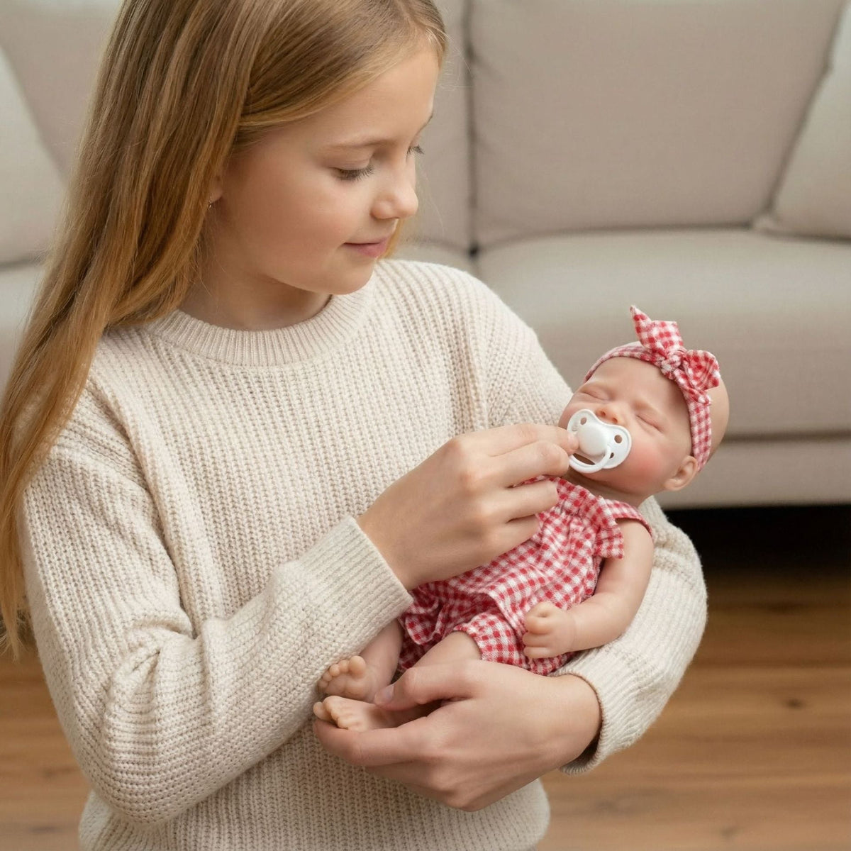 Bambola Reborn in Silicone Pascale da 30 cm con Bocca Apribile Bambina con Abiti a Quadri Rossi