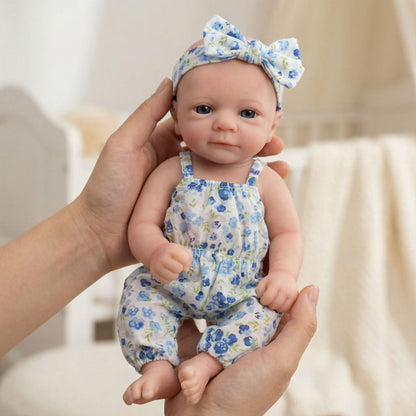 30cm Full Silicone Felicia Reborn Baby Girl in Blue floral Jumpsuit