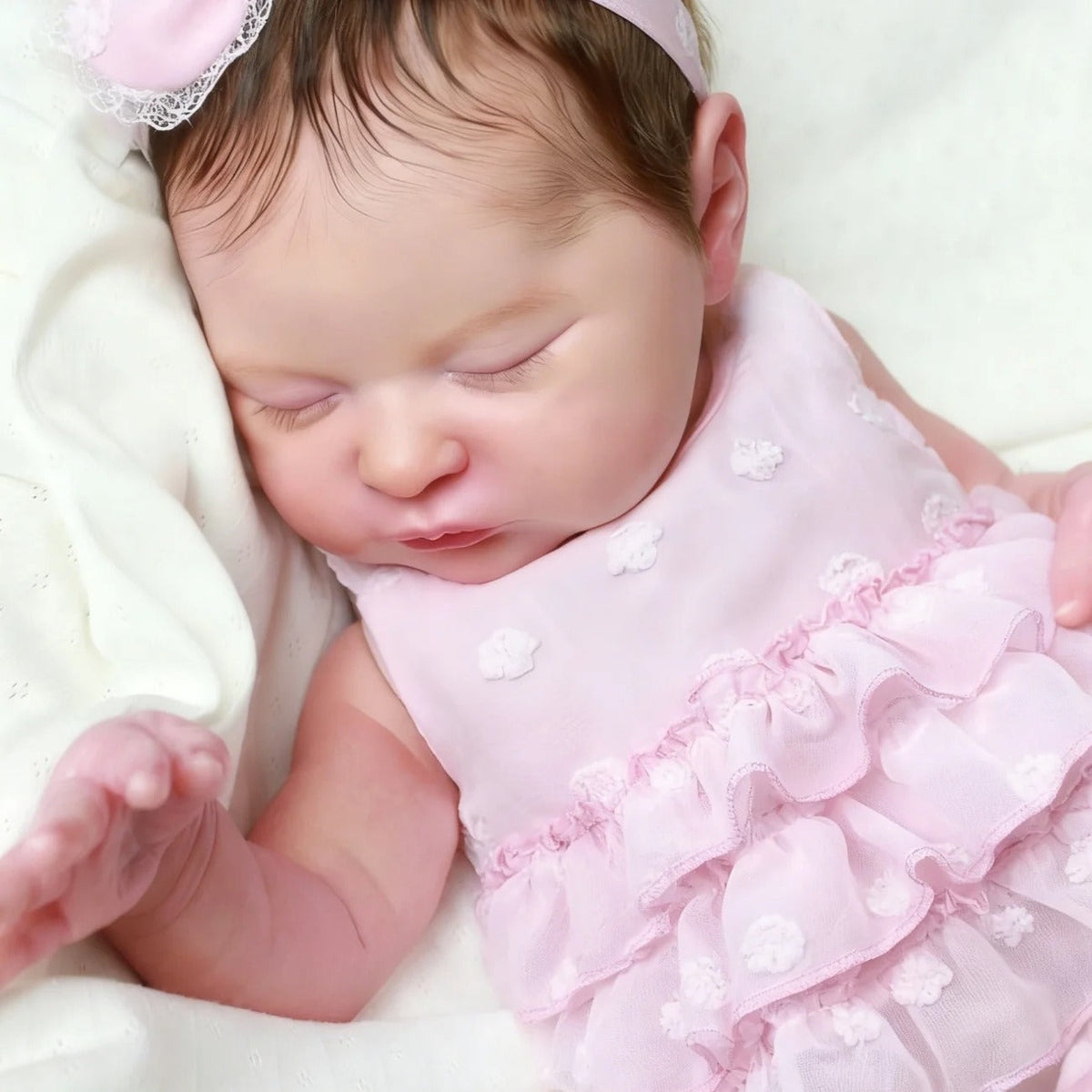 Bambina reborn Laura 50 cm realistica con occhi chiusi e capelli corti vestita di rosa