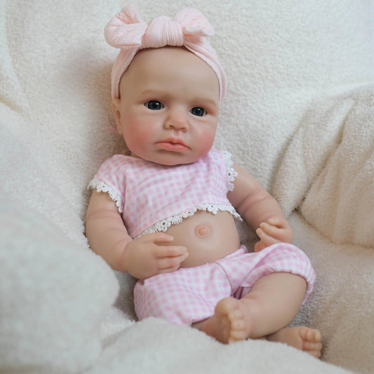 Bambola reborn Loulou da 18 pollici in silicone sveglia con vestito a quadri rosa