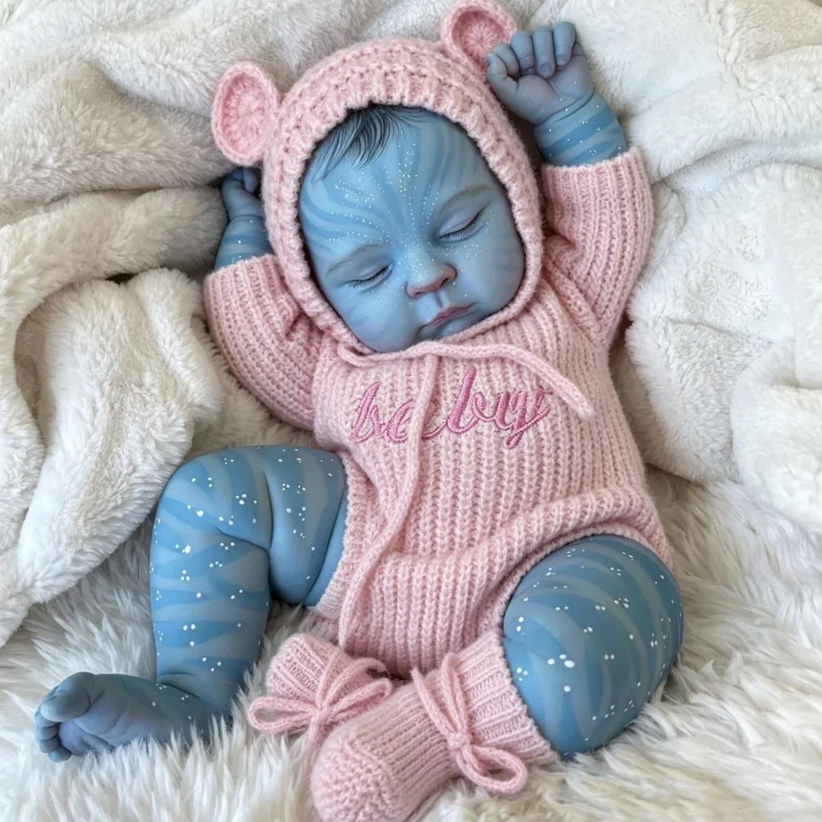 Bambola reborn Peaches Asleep da 19 pollici vestita con una tutina rosa lavorata a maglia