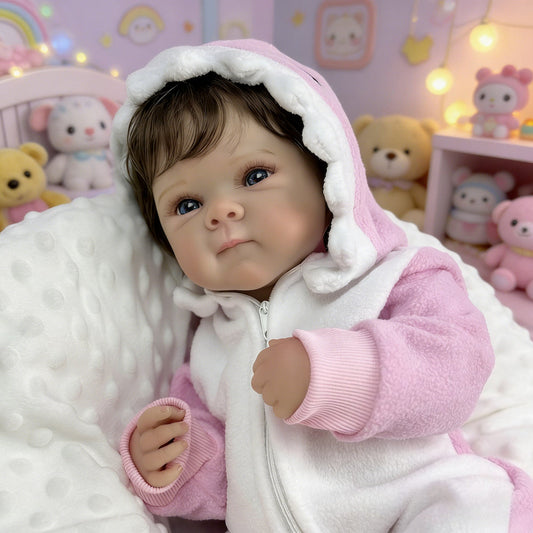 Bambina rinata Bettie dai capelli corti realistica da 45 cm in tutina rosa