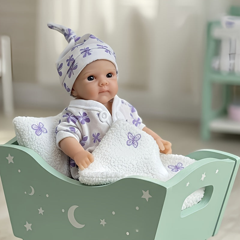 Mini bambola Reborn Bettie in silicone da 20 cm occhi aperti con tutina viola a fiori