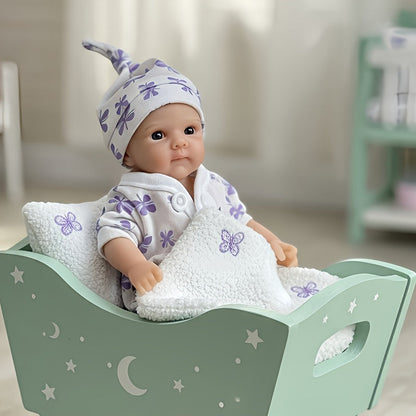 Mini bambola Reborn Bettie in silicone da 20 cm occhi aperti con tutina viola a fiori
