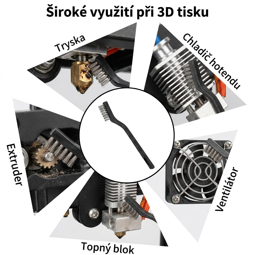 De draadborstel in gebruik om de 3D-printer schoon te maken: nozzle, hotend-koeler, ventilator, verwarmingsblok en extruder