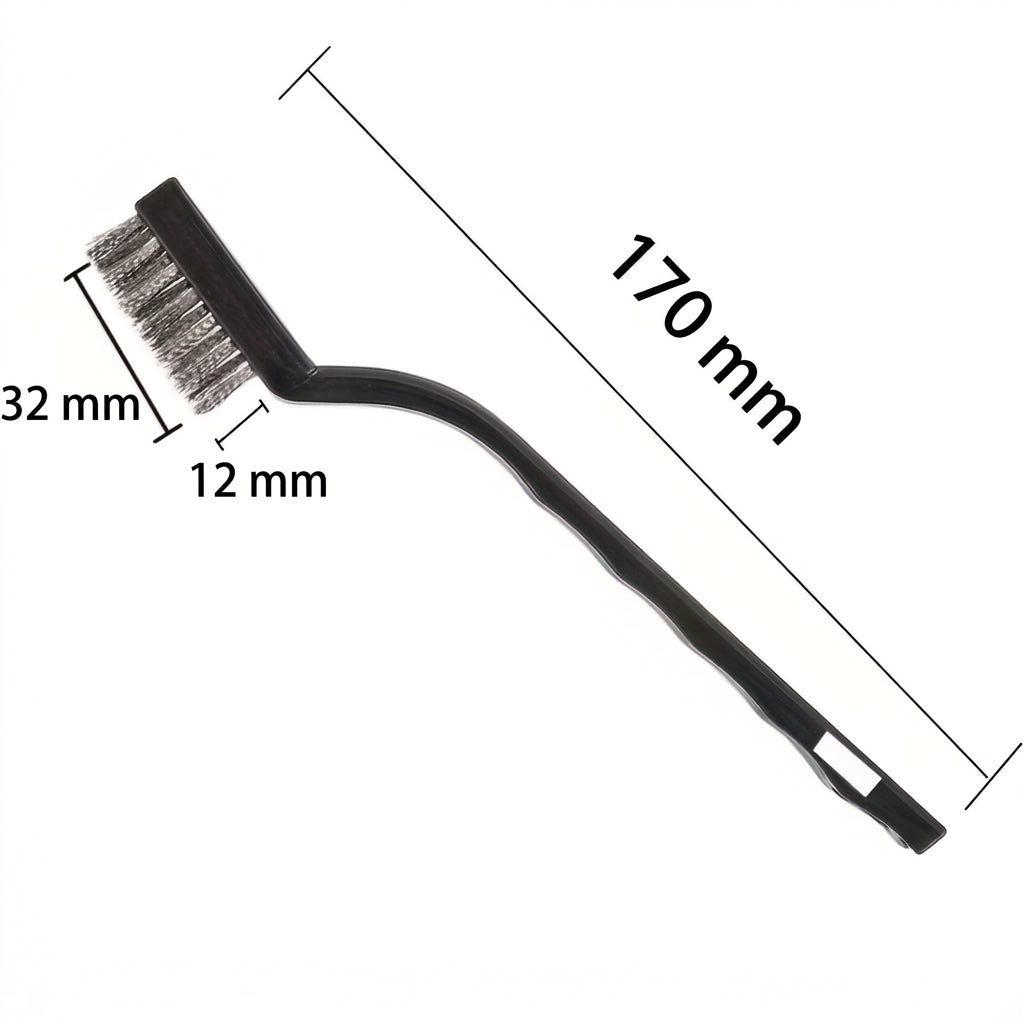 Roestvrijstalen draadborstel met zwarte kunststof handgreep, totale lengte 170 mm, kop 32 × 12 mm