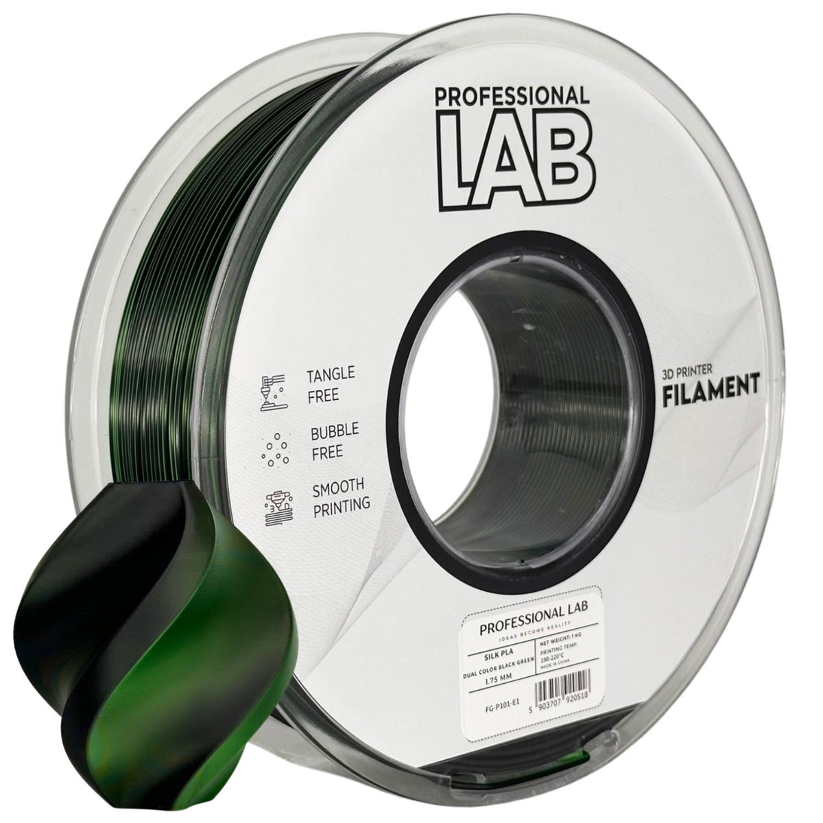 Spoel filament Silk PLA Dual Color zwart groen, Prof. Lab, 1,75 mm