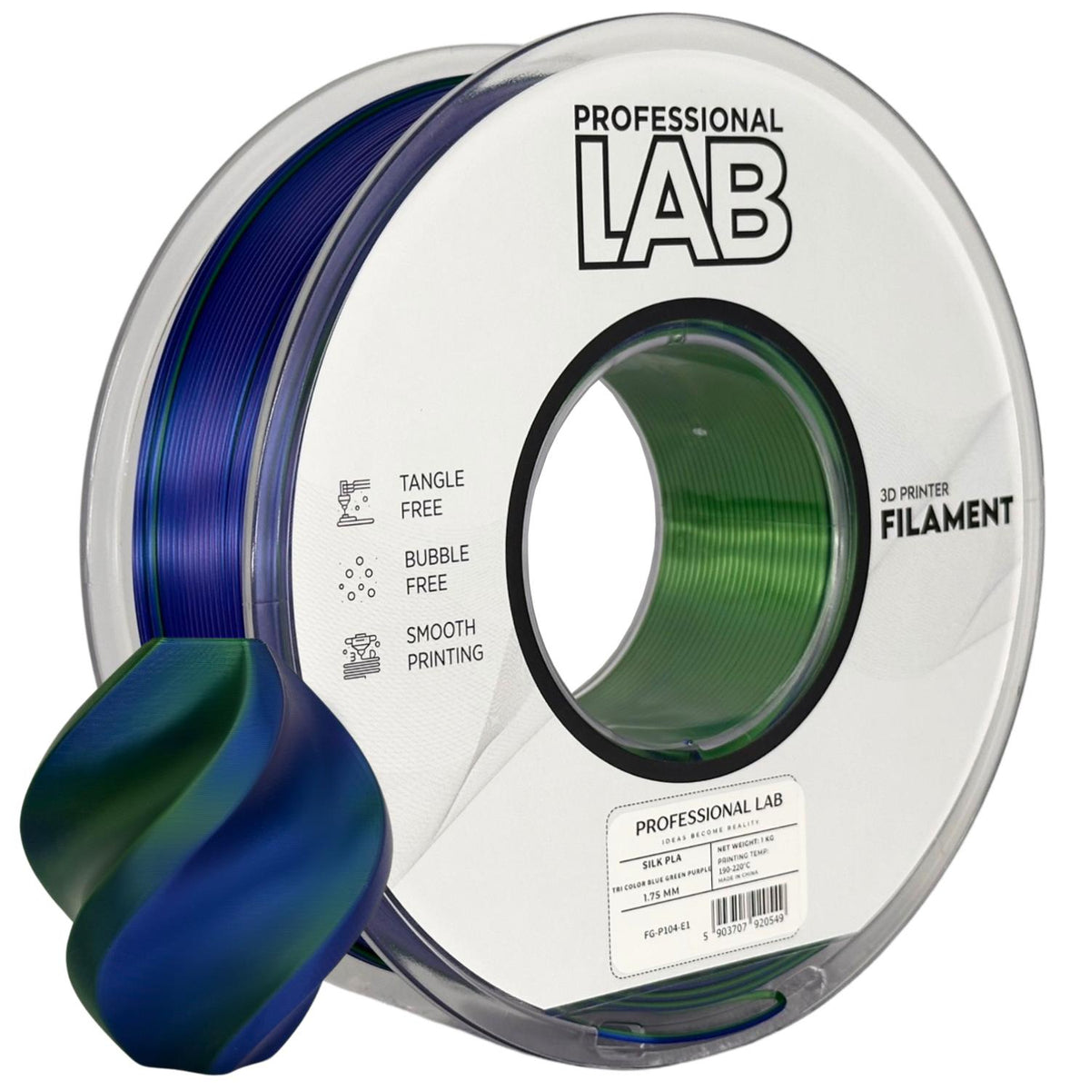 Spoel filament Silk PLA Tri Color blauw groen paars, Prof. Lab, 1,75 mm