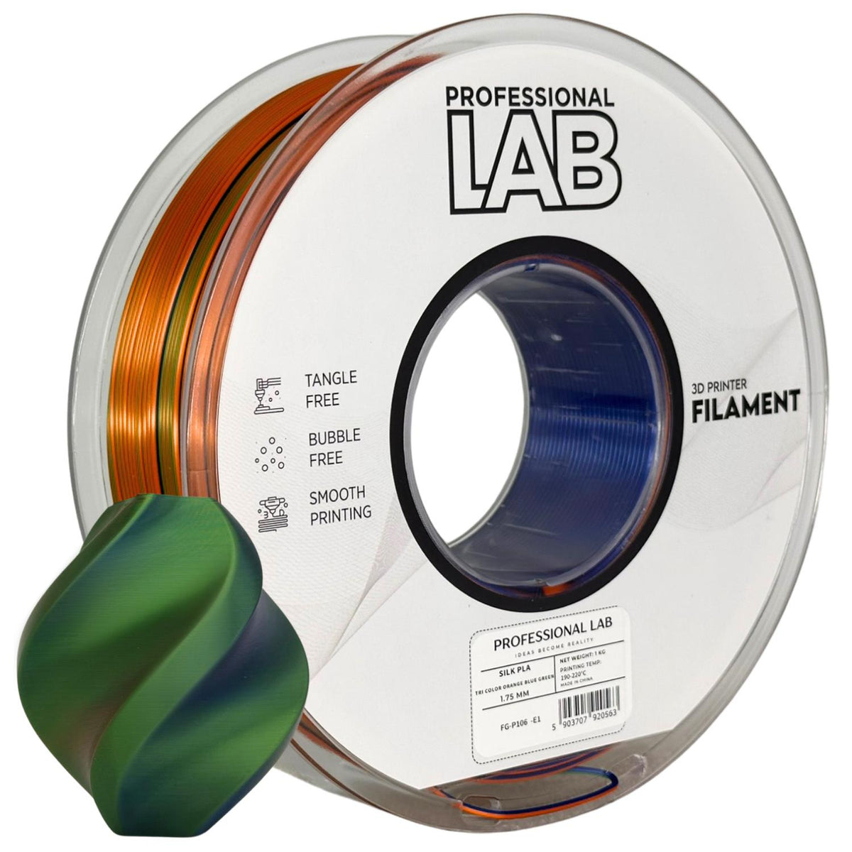 Spoel filament Silk PLA Tri Color oranje blauw groen, Prof. Lab, 1,75 mm