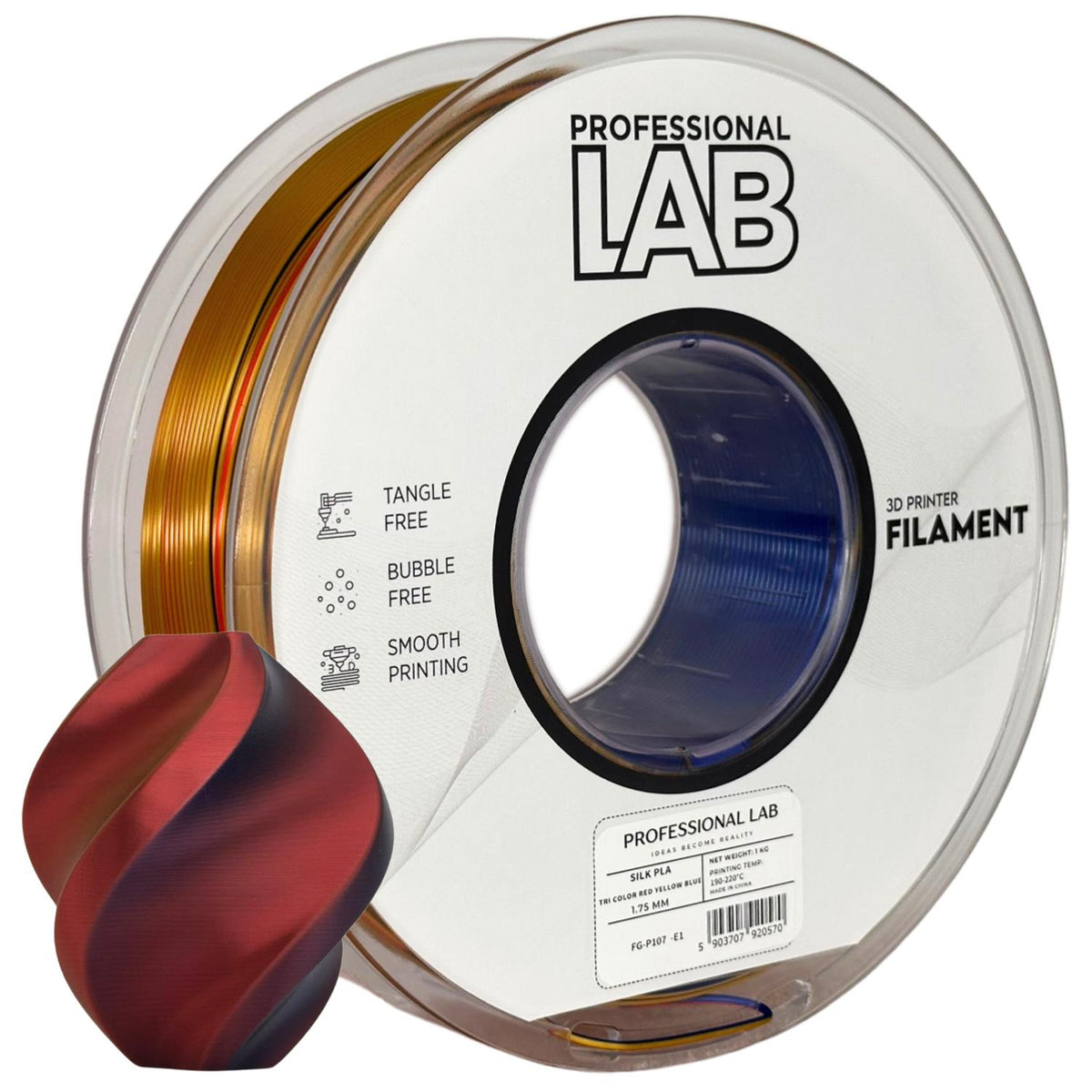 Spoel filament Silk PLA Tri Color rood geel blauw, Prof. Lab, 1,75 mm