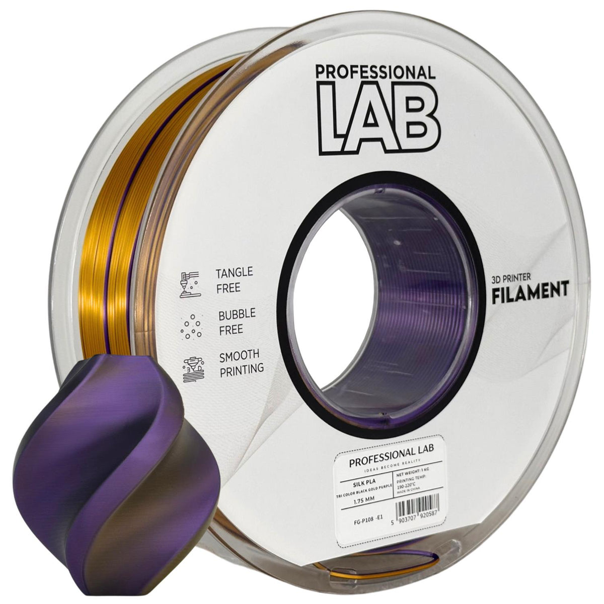 Spool of Silk PLA Tri Color black gold purple filament, Prof. Lab, 1.75 mm