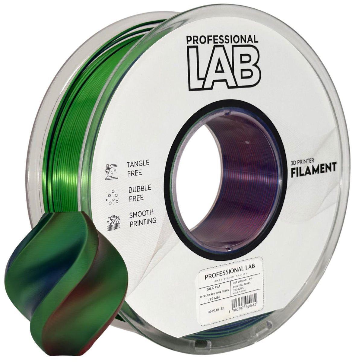 Spoel filament Silk PLA Tri Color rood blauw groen, Prof. Lab, 1,75 mm