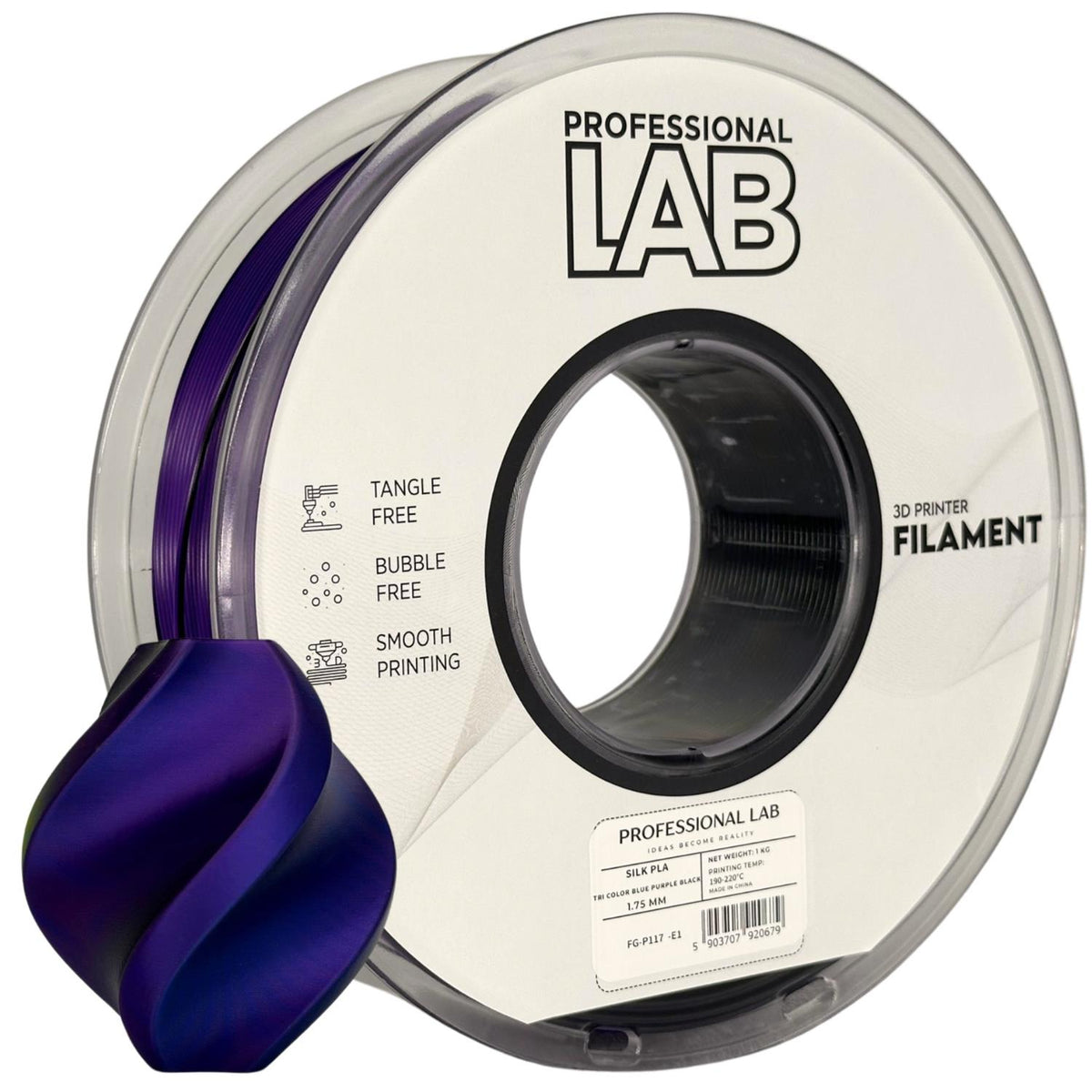 Spoel filament Silk PLA Tri Color blauw paars zwart, Prof. Lab, 1,75 mm