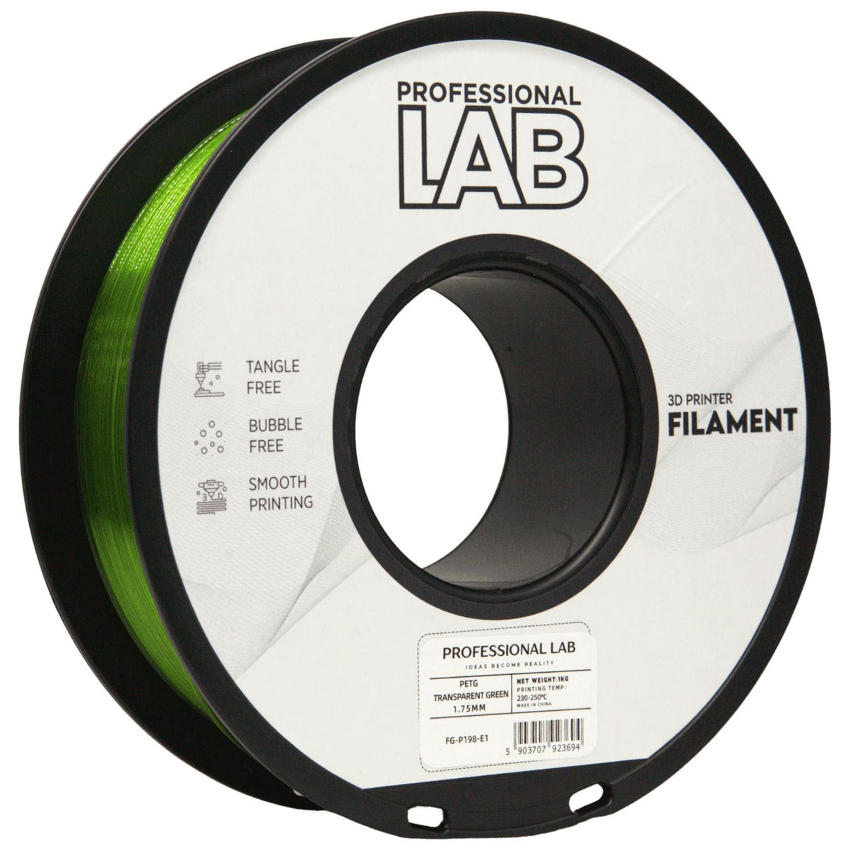 Spoel filament PETG transparant groen, Prof. Lab, 1,75 mm