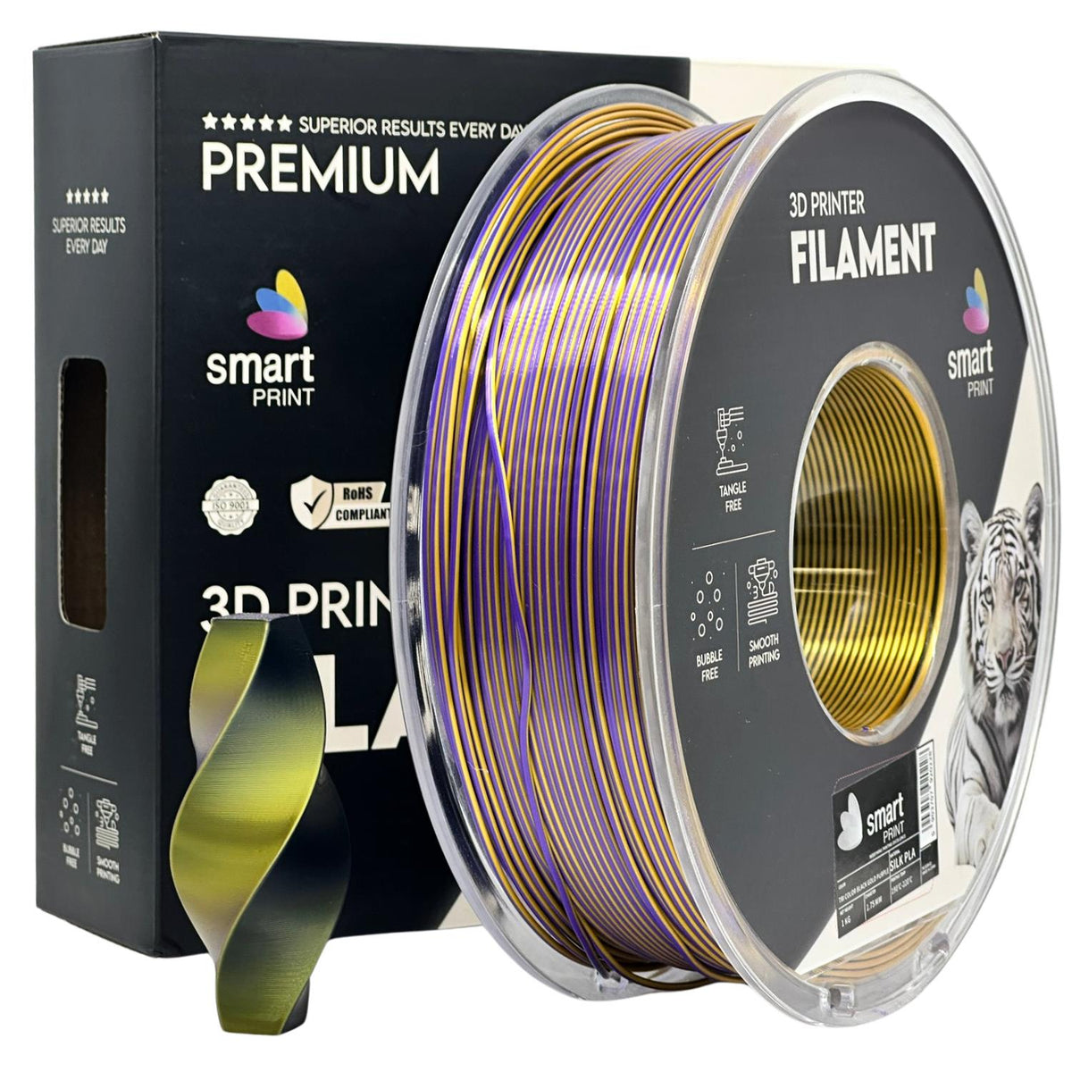 Spoel filament Silk PLA Tri Color zwart goud paars, Smart Print, 1,75 mm
