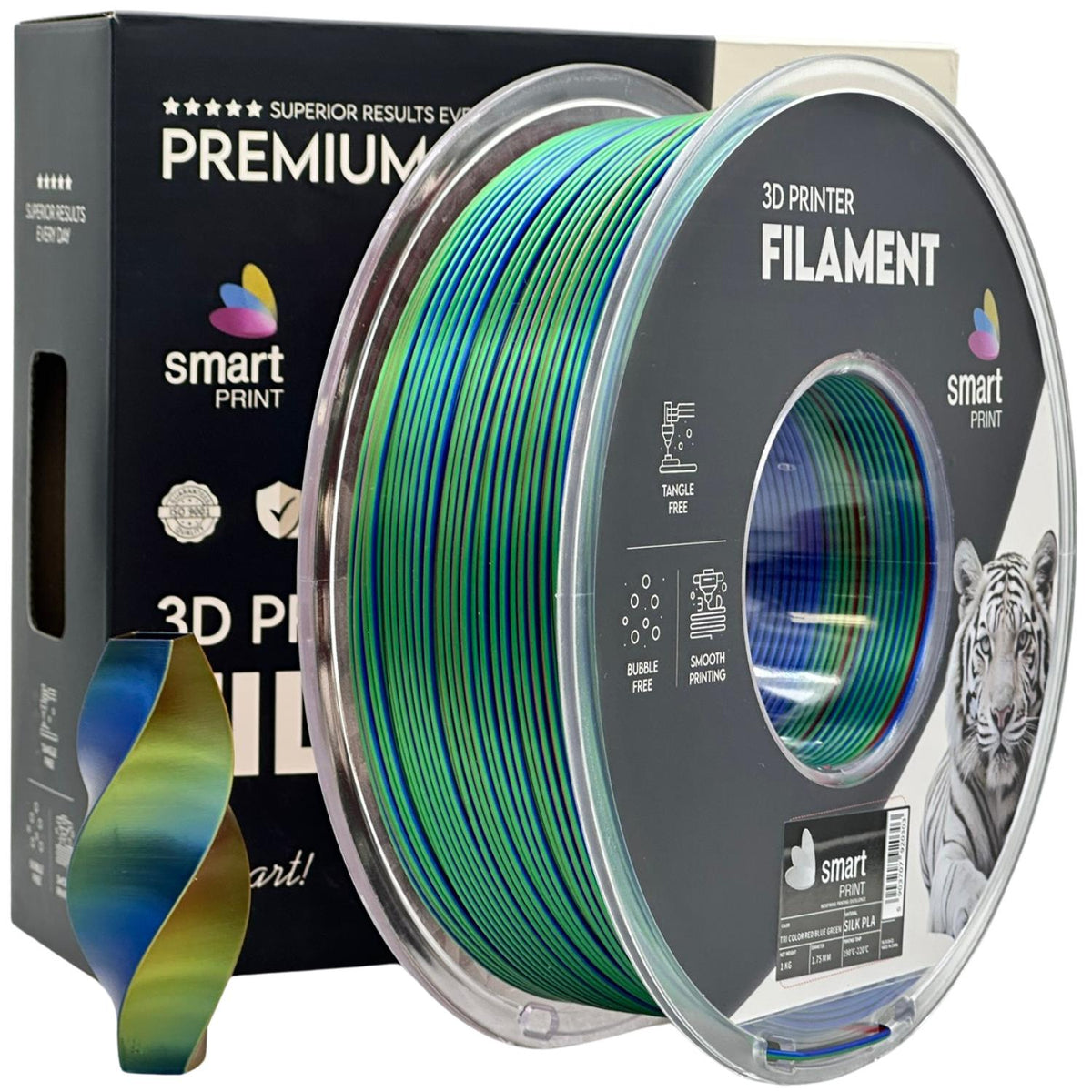 Spoel filament Silk PLA Tri Color rood blauw groen, Smart Print, 1,75 mm