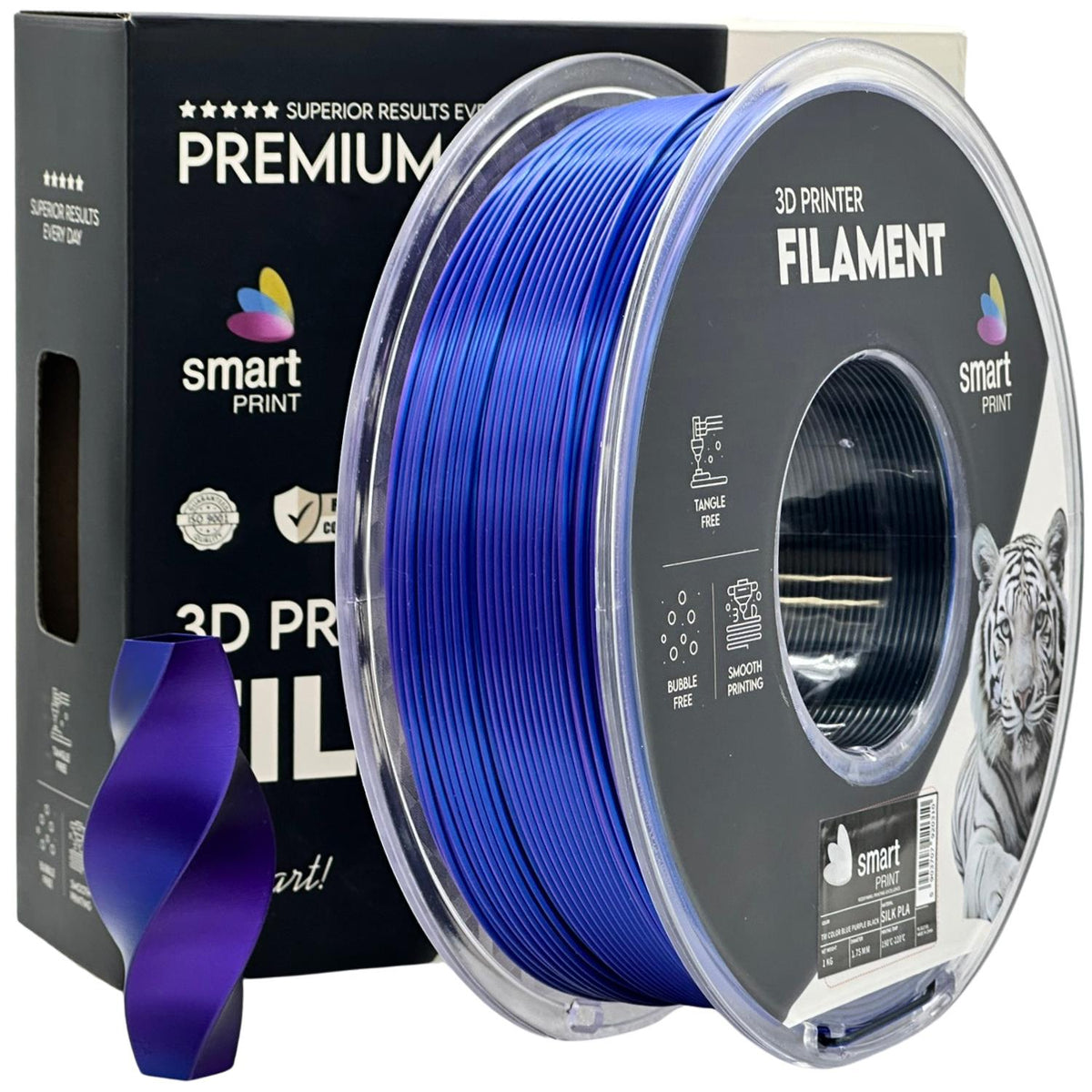 Spoel filament Silk PLA Tri Color blauw paars zwart, Smart Print, 1,75 mm